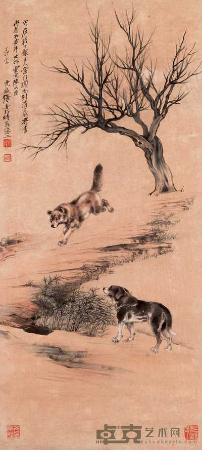 张善孖 1927年作 双犬图 立轴 103×46cm